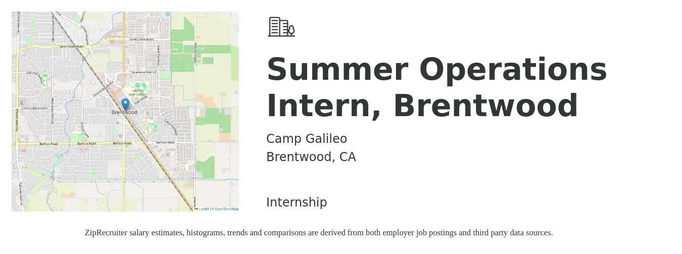 Camp Galileo job posting for a Summer Operations Intern, Brentwood in Brentwood, CA with a salary of $17 to $22 Hourly with a map of Brentwood location.