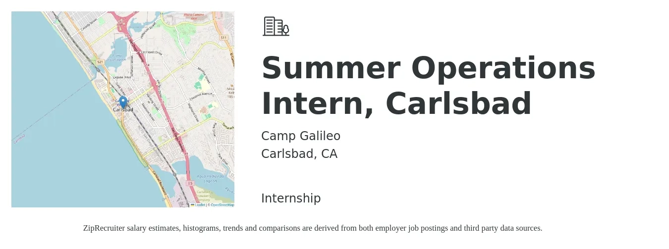 Camp Galileo job posting for a Summer Operations Intern, Carlsbad in Carlsbad, CA with a salary of $16 to $21 Hourly with a map of Carlsbad location.