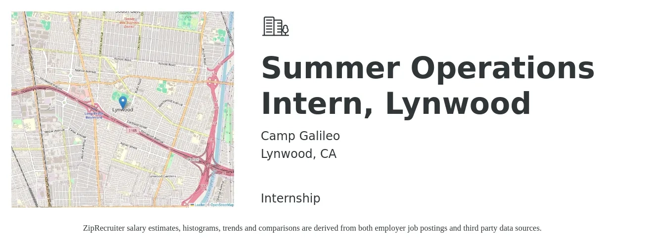 Camp Galileo job posting for a Summer Operations Intern, Lynwood in Lynwood, CA with a salary of $16 to $20 Hourly with a map of Lynwood location.