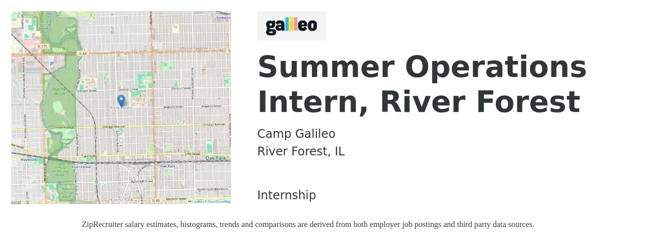 Camp Galileo job posting for a Summer Operations Intern, River Forest in River Forest, IL with a salary of $15 to $19 Hourly with a map of River Forest location.