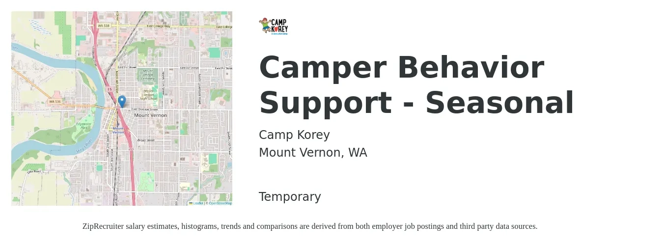 Camp Korey job posting for a Camper Behavior Support - Seasonal in Mount Vernon, WA with a salary of $4,500 Weekly with a map of Mount Vernon location.