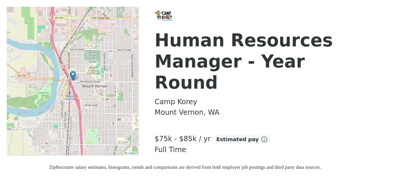 Camp Korey job posting for a Human Resources Manager - Year Round in Mount Vernon, WA with a salary of $75,000 to $85,000 Yearly with a map of Mount Vernon location.