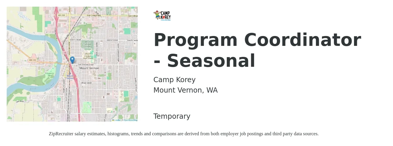 Camp Korey job posting for a Program Coordinator - Seasonal in Mount Vernon, WA with a salary of $16 to $21 Hourly with a map of Mount Vernon location.
