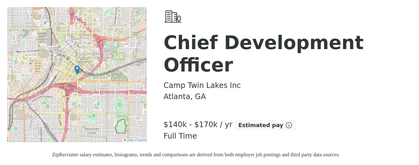 Camp Twin Lakes Inc job posting for a Chief Development Officer in Atlanta, GA with a salary of $140,000 to $170,000 Yearly with a map of Atlanta location.