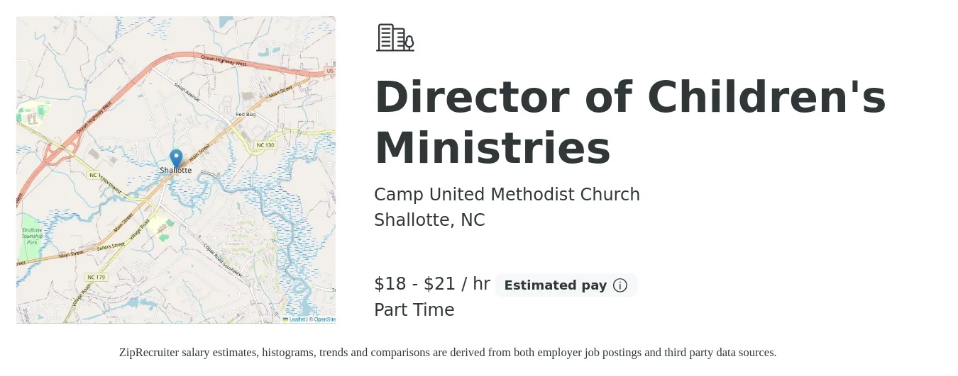 Camp United Methodist Church job posting for a Director of Children's Ministries in Shallotte, NC with a salary of $19 to $22 Hourly and benefits including pto with a map of Shallotte location.
