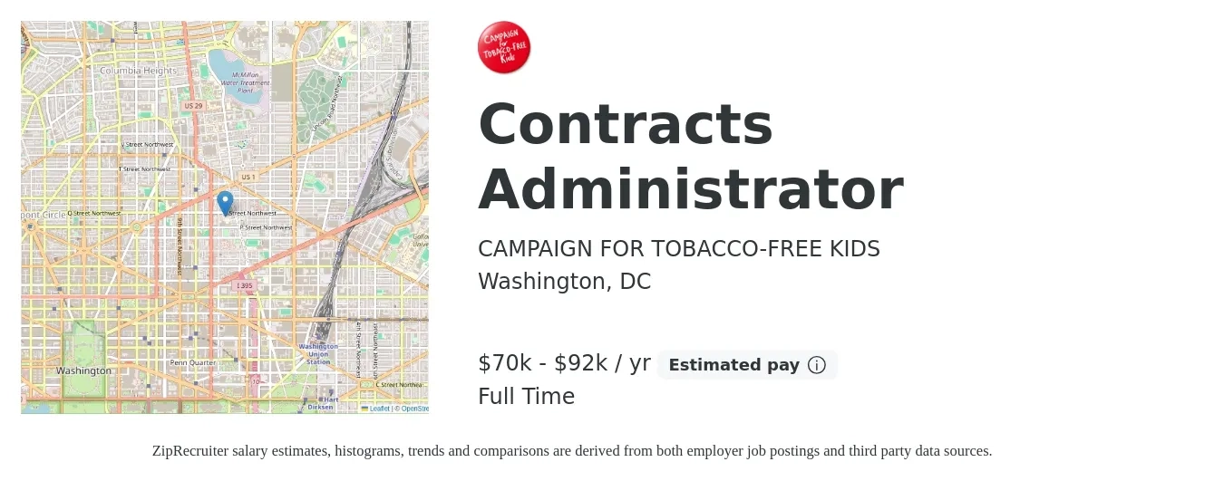CAMPAIGN FOR TOBACCO-FREE KIDS job posting for a Contracts Administrator in Washington, DC with a salary of $70,800 to $92,100 Yearly with a map of Washington location.