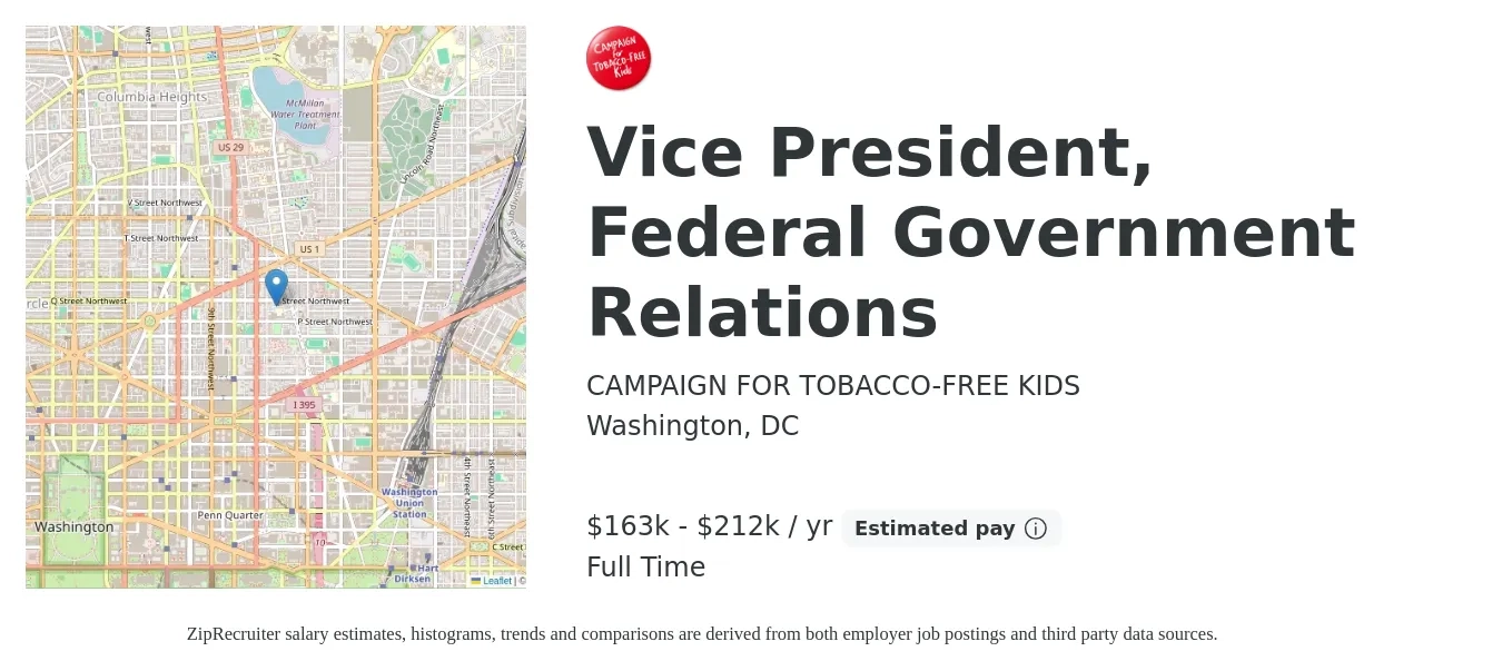 CAMPAIGN FOR TOBACCO-FREE KIDS job posting for a Vice President, Federal Government Relations in Washington, DC with a salary of $163,600 to $212,700 Yearly with a map of Washington location.