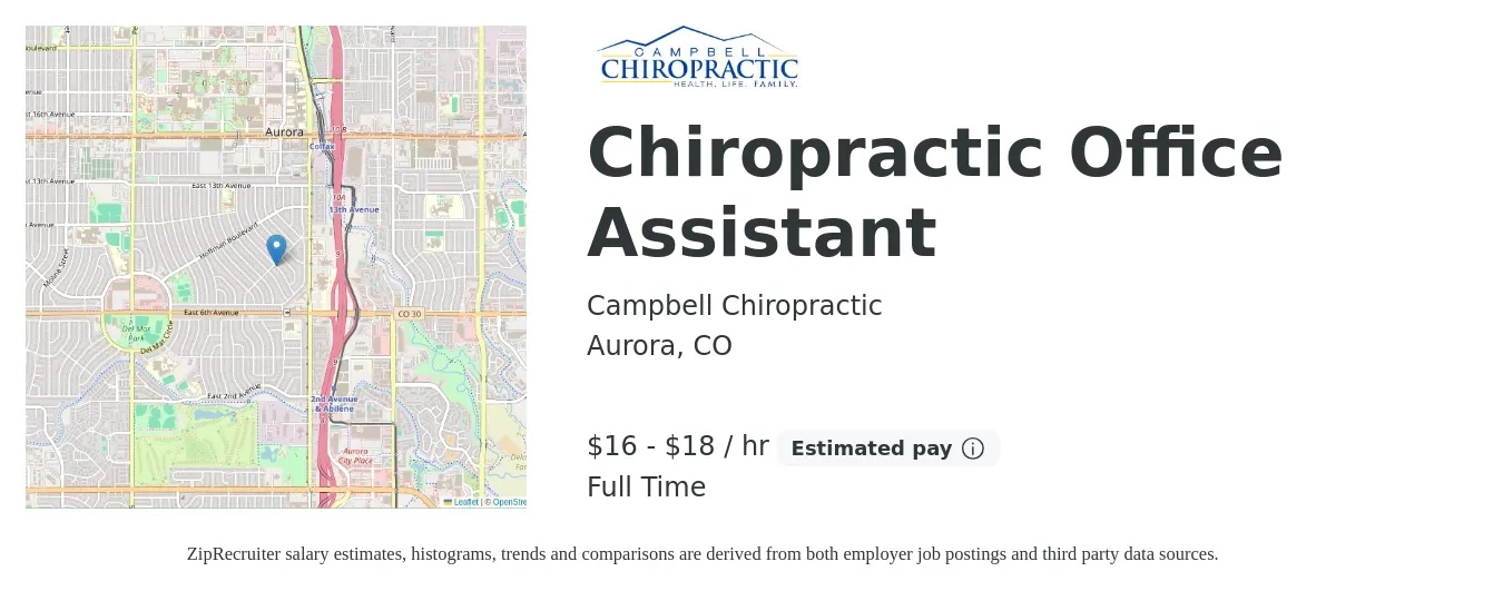 Campbell Chiropractic job posting for a Chiropractic Office Assistant in Aurora, CO with a salary of $17 to $19 Hourly and benefits including pto with a map of Aurora location.