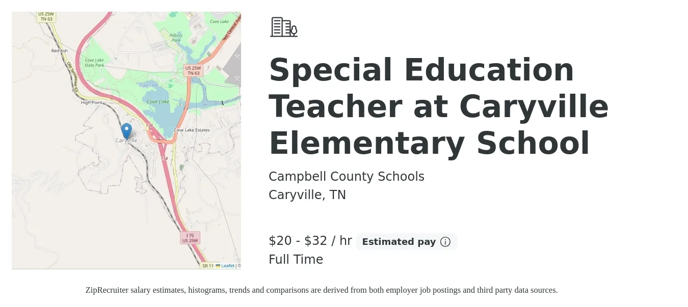 Campbell County Schools job posting for a Special Education Teacher at Caryville Elementary School in Caryville, TN with a salary of $45,250 to $70,132 Yearly with a map of Caryville location.