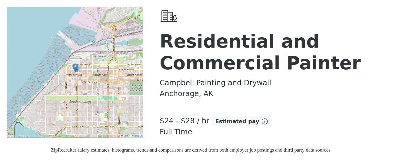 Campbell Painting and Drywall job posting for a Residential and Commercial Painter in Anchorage, AK with a salary of $25 to $30 Hourly with a map of Anchorage location.