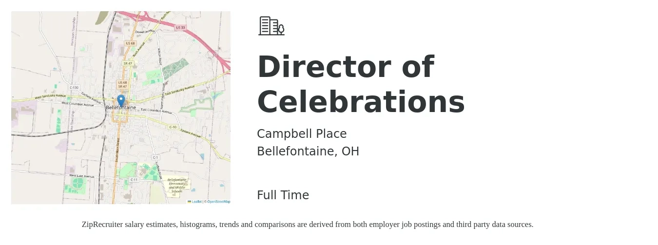 Campbell Place job posting for a Director of Celebrations in Bellefontaine, OH with a map of Bellefontaine location.