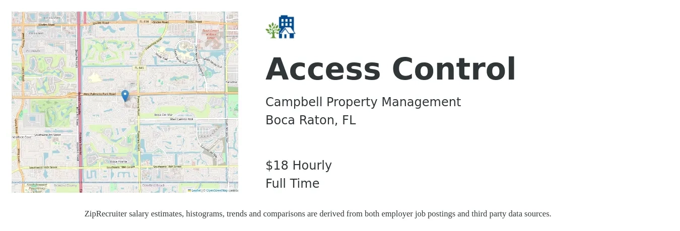 Campbell Property Management job posting for a Access Control in Boca Raton, FL with a salary of $15 to $16 Hourly with a map of Boca Raton location.