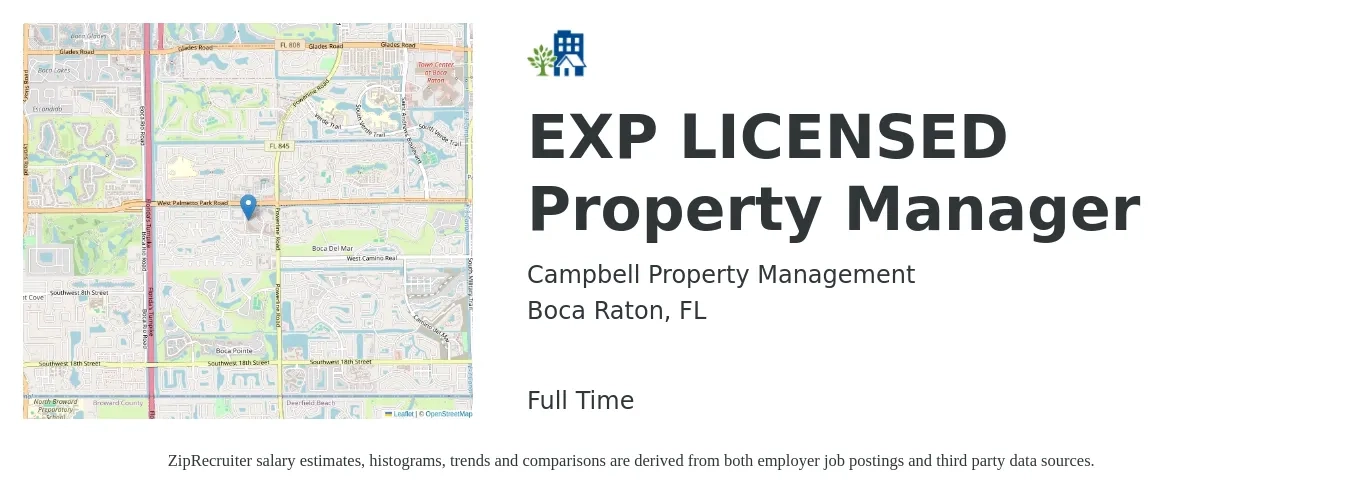 Campbell Property Management job posting for a EXP LICENSED Property Manager in Boca Raton, FL with a salary of $41,600 to $64,300 Yearly with a map of Boca Raton location.