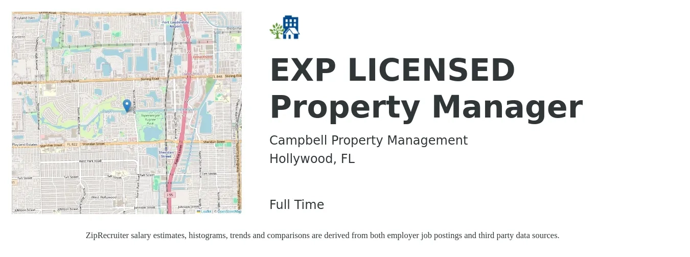 Campbell Property Management job posting for a EXP LICENSED Property Manager in Hollywood, FL with a salary of $40,200 to $62,200 Yearly with a map of Hollywood location.
