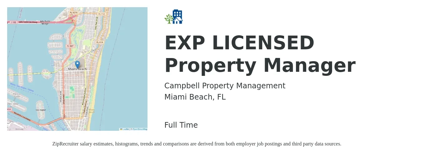 Campbell Property Management job posting for a EXP LICENSED Property Manager in Miami Beach, FL with a salary of $43,400 to $67,200 Yearly with a map of Miami Beach location.