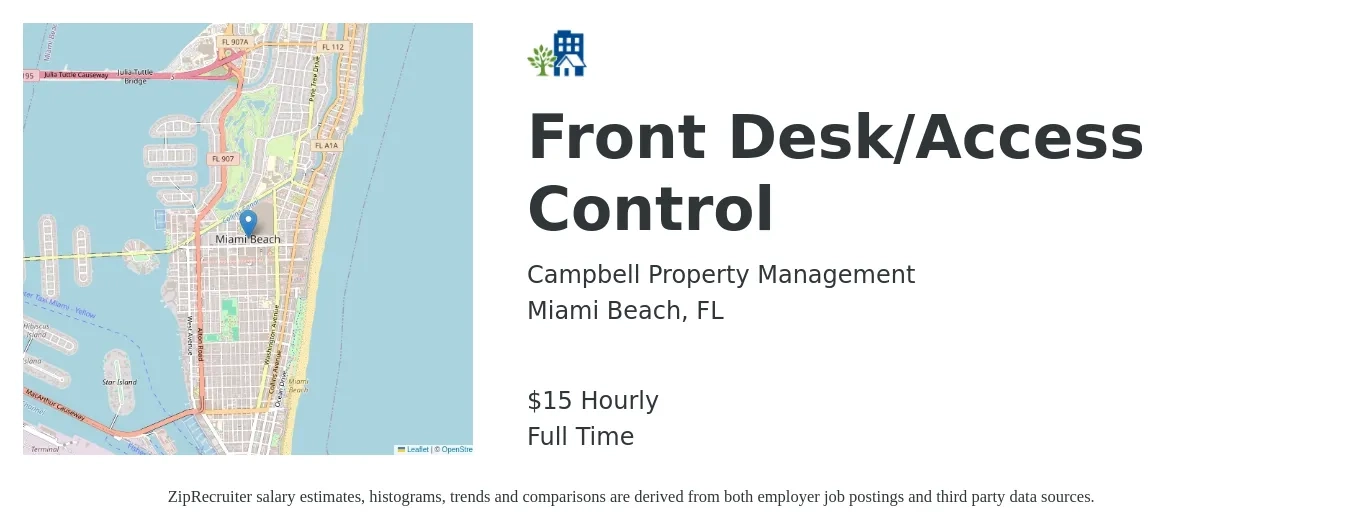 Campbell Property Management job posting for a Front Desk/Access Control in Miami Beach, FL with a salary of $16 Hourly with a map of Miami Beach location.
