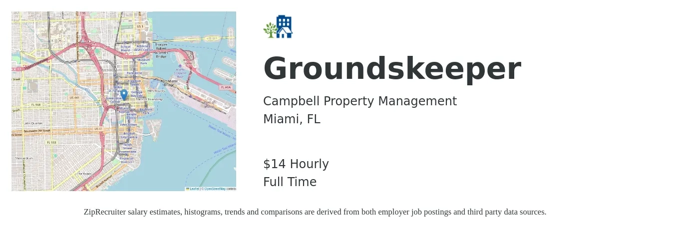 Campbell Property Management job posting for a Groundskeeper in Miami, FL with a salary of $15 Hourly with a map of Miami location.