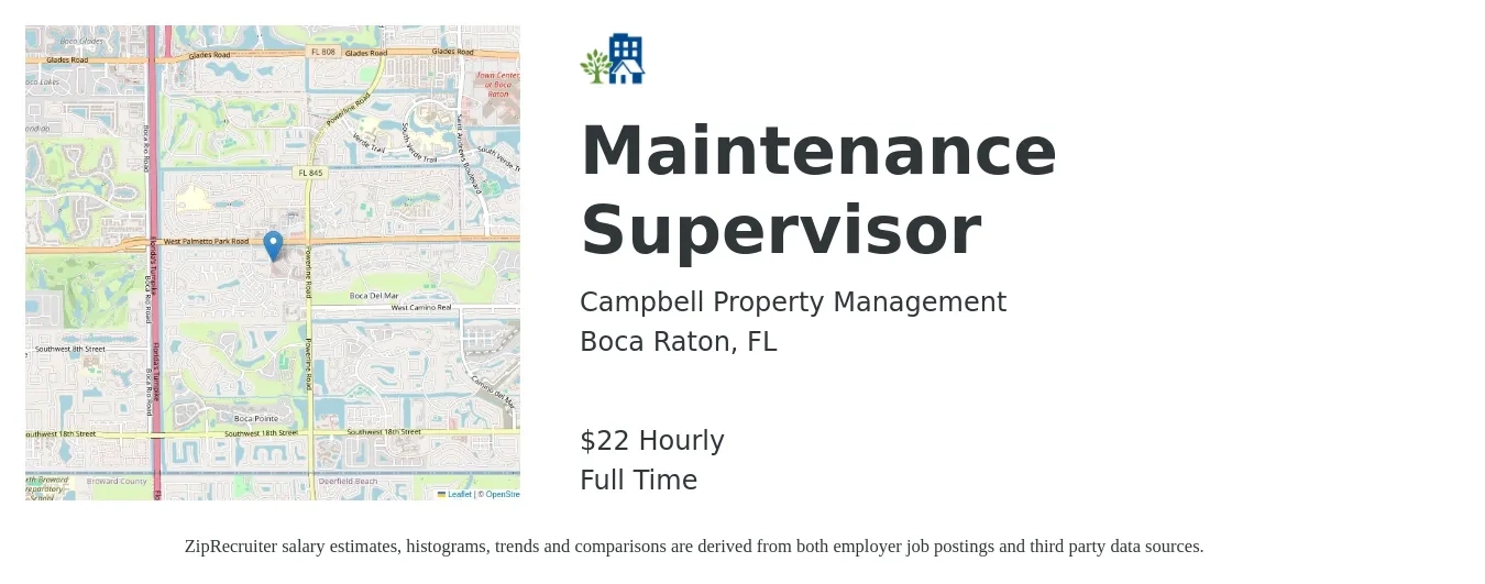 Campbell Property Management job posting for a Maintenance Supervisor in Boca Raton, FL with a salary of $25 Hourly with a map of Boca Raton location.