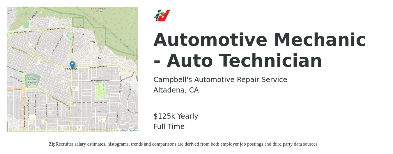 Campbell's Automotive Repair Service job posting for a Automotive Mechanic - Auto Technician in Altadena, CA with a salary of $125,000 Yearly with a map of Altadena location.