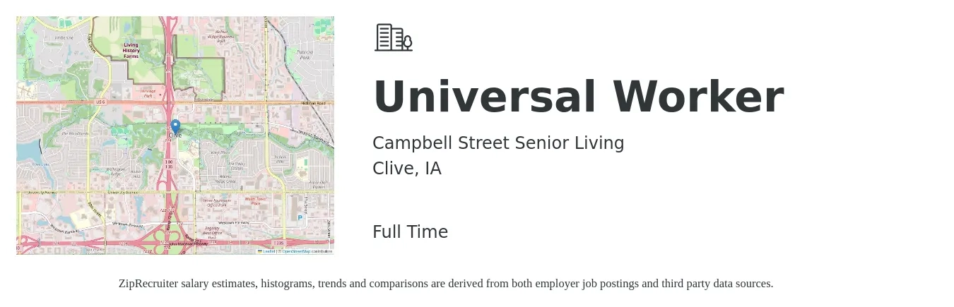 Campbell Street Senior Living job posting for a Universal Worker in Clive, IA with a salary of $16 to $22 Hourly with a map of Clive location.