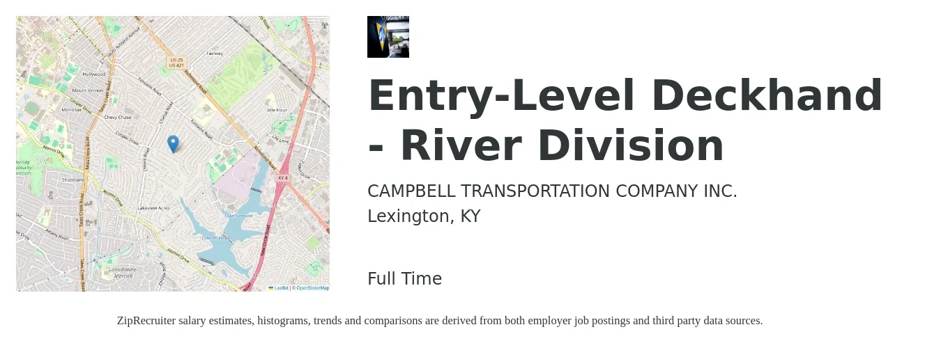 CAMPBELL TRANSPORTATION COMPANY INC. job posting for a Entry-Level Deckhand - River Division in Lexington, KY with a salary of $19 to $26 Hourly with a map of Lexington location.