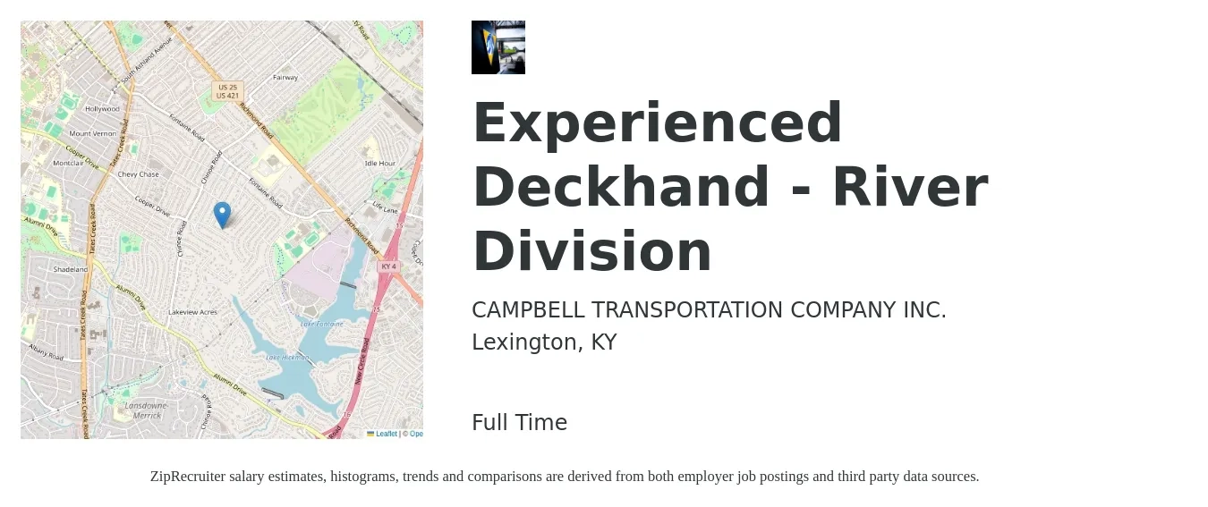 CAMPBELL TRANSPORTATION COMPANY INC. job posting for a Experienced Deckhand - River Division in Lexington, KY with a salary of $19 to $26 Hourly with a map of Lexington location.