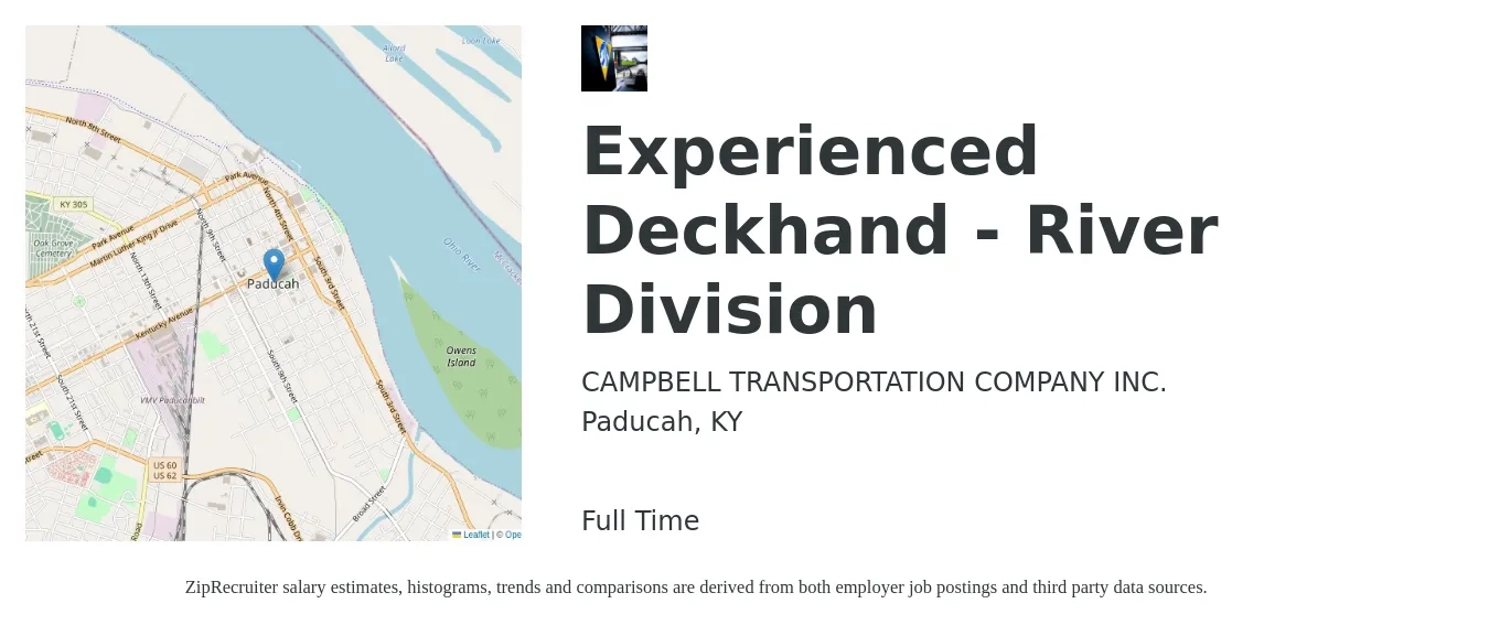 CAMPBELL TRANSPORTATION COMPANY INC. job posting for a Experienced Deckhand - River Division in Paducah, KY with a salary of $18 to $25 Hourly with a map of Paducah location.