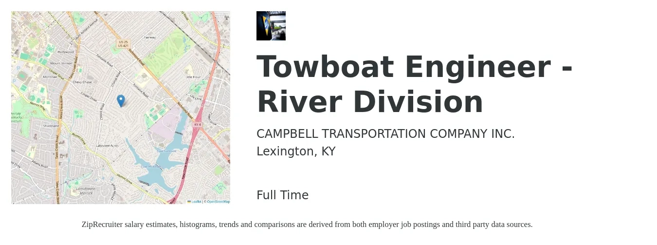 CAMPBELL TRANSPORTATION COMPANY INC. job posting for a Towboat Engineer - River Division in Lexington, KY with a salary of $51,700 to $74,000 Yearly with a map of Lexington location.