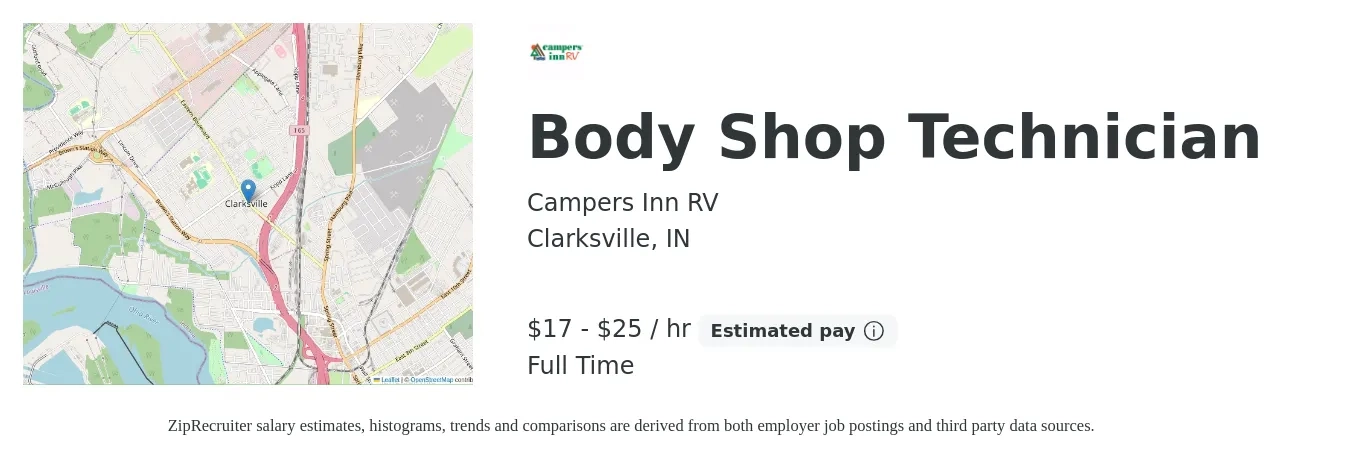 Campers Inn RV job posting for a Body Shop Technician in Clarksville, IN with a salary of $18 to $27 Hourly with a map of Clarksville location.
