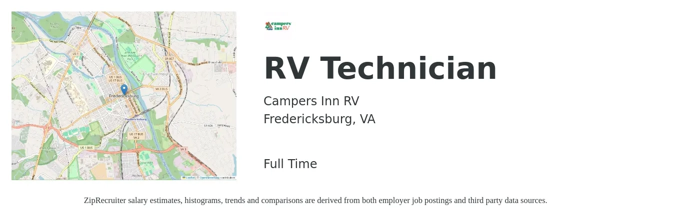 Campers Inn RV job posting for a RV Technician in Fredericksburg, VA with a salary of $19 to $29 Hourly with a map of Fredericksburg location.