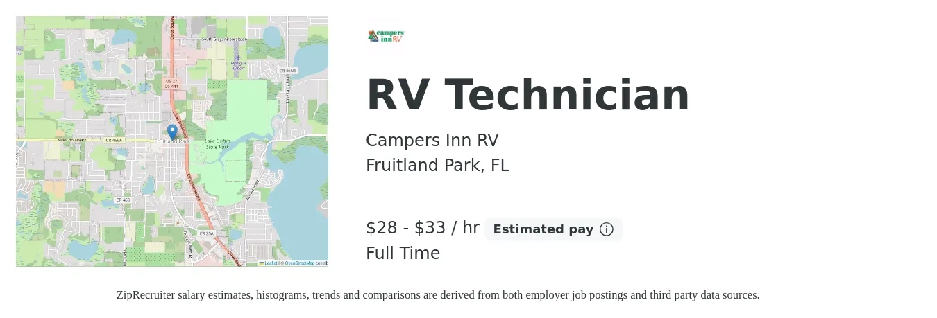 Campers Inn RV job posting for a RV Technician in Fruitland Park, FL with a salary of $45,000 to $78,000 Yearly with a map of Fruitland Park location.