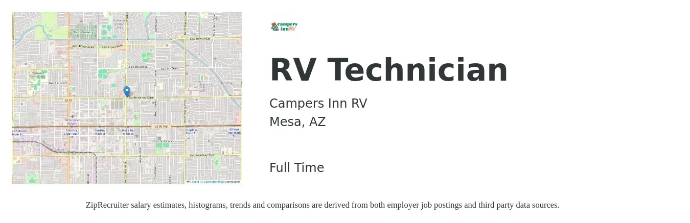 Campers Inn RV job posting for a RV Technician in Mesa, AZ with a salary of $19 to $29 Hourly with a map of Mesa location.