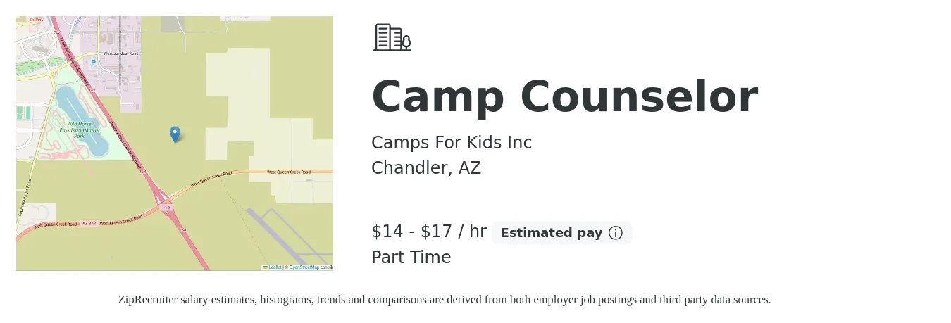 Camps For Kids Inc job posting for a Camp Counselor in Chandler, AZ with a salary of $15 to $18 Hourly with a map of Chandler location.
