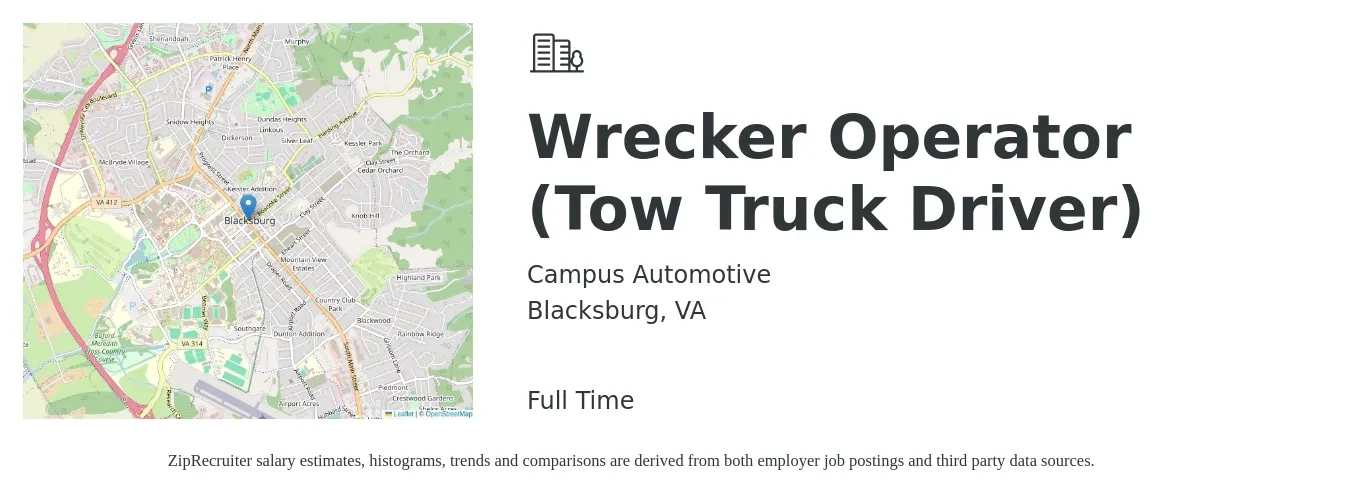 Campus Automotive job posting for a Wrecker Operator (Tow Truck Driver) in Blacksburg, VA with a salary of $16 to $22 Hourly with a map of Blacksburg location.