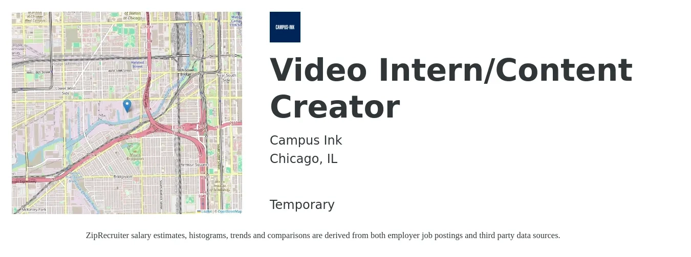Campus Ink job posting for a Video Intern/Content Creator in Chicago, IL with a salary of $16 to $18 Hourly with a map of Chicago location.