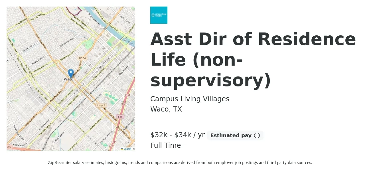 Campus Living Villages job posting for a Asst Dir of Residence Life (non-supervisory) in Waco, TX with a salary of $32,240 to $34,240 Yearly with a map of Waco location.