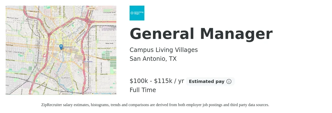 Campus Living Villages job posting for a General Manager in San Antonio, TX with a salary of $100,000 to $115,000 Yearly with a map of San Antonio location.