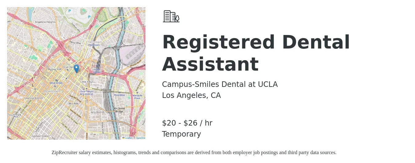 Campus-Smiles Dental at UCLA job posting for a Registered Dental Assistant in Los Angeles, CA with a salary of $21 to $28 Hourly with a map of Los Angeles location.