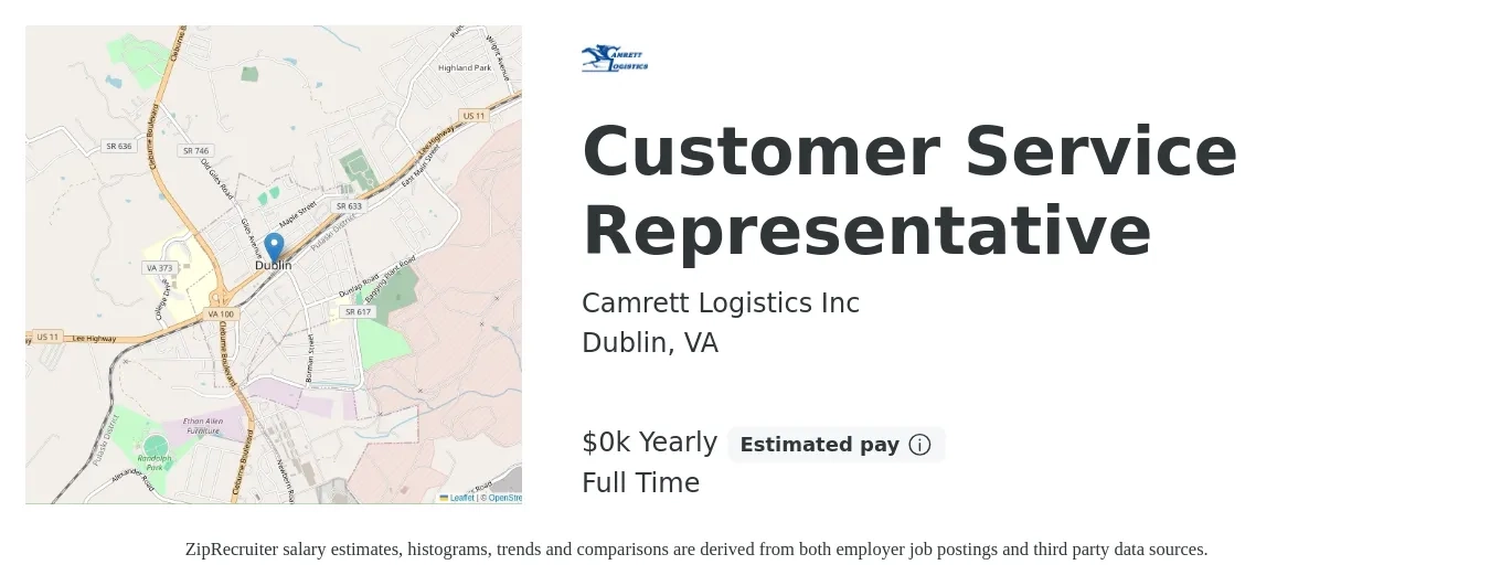 Camrett Logistics Inc job posting for a Customer Service Representative in Dublin, VA with a salary of $15 Yearly with a map of Dublin location.