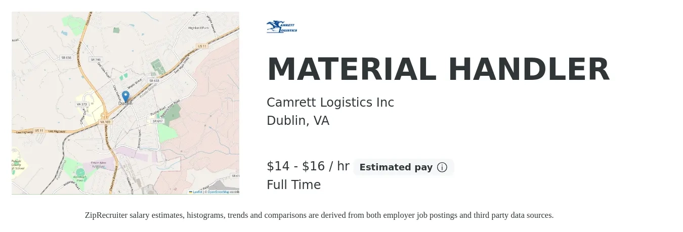 Camrett Logistics Inc job posting for a MATERIAL HANDLER in Dublin, VA with a salary of $15 to $17 Hourly with a map of Dublin location.