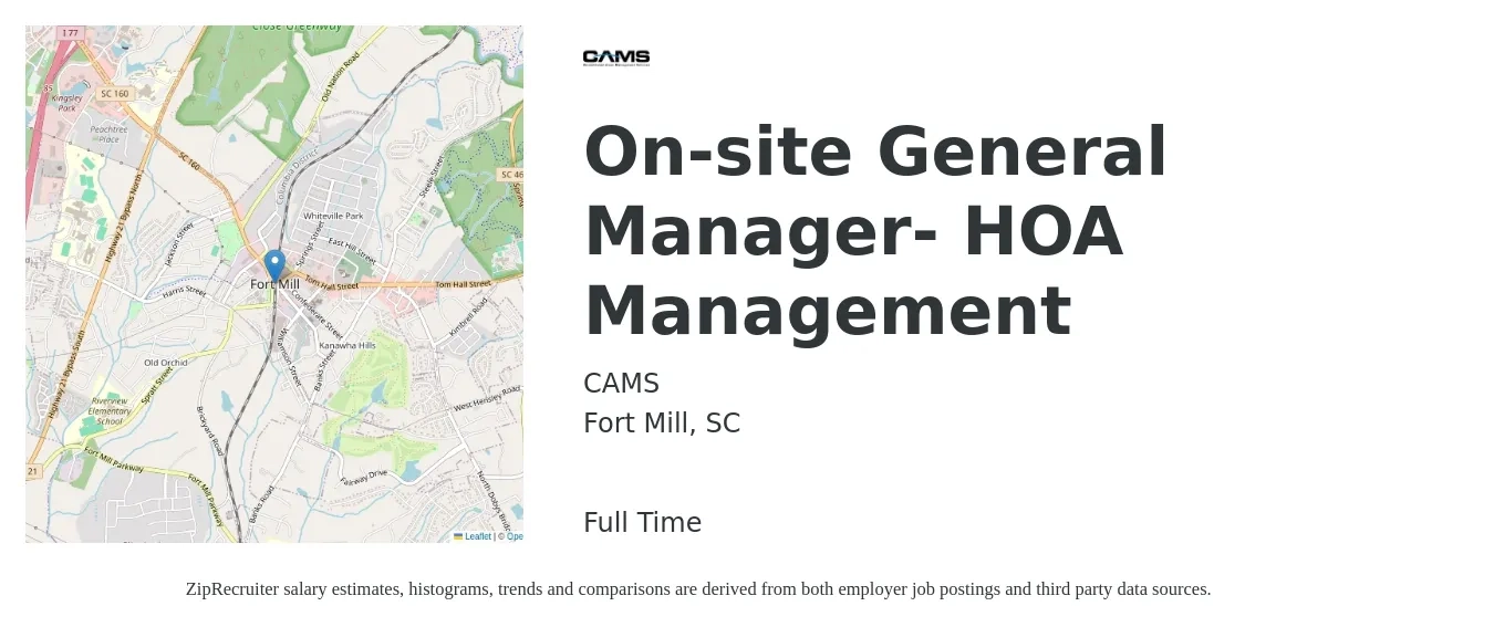 CAMS job posting for a On-site General Manager- HOA Management in Fort Mill, SC with a salary of $41,300 to $58,900 Yearly with a map of Fort Mill location.