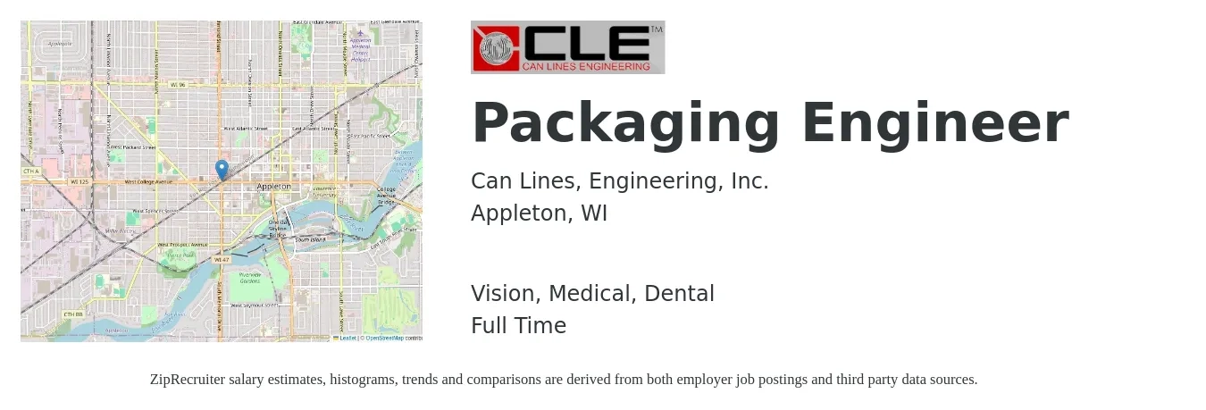 Can Lines, Engineering, Inc. job posting for a Packaging Engineer in Appleton, WI with a salary of $33 to $50 Hourly and benefits including retirement, vision, dental, life_insurance, and medical with a map of Appleton location.