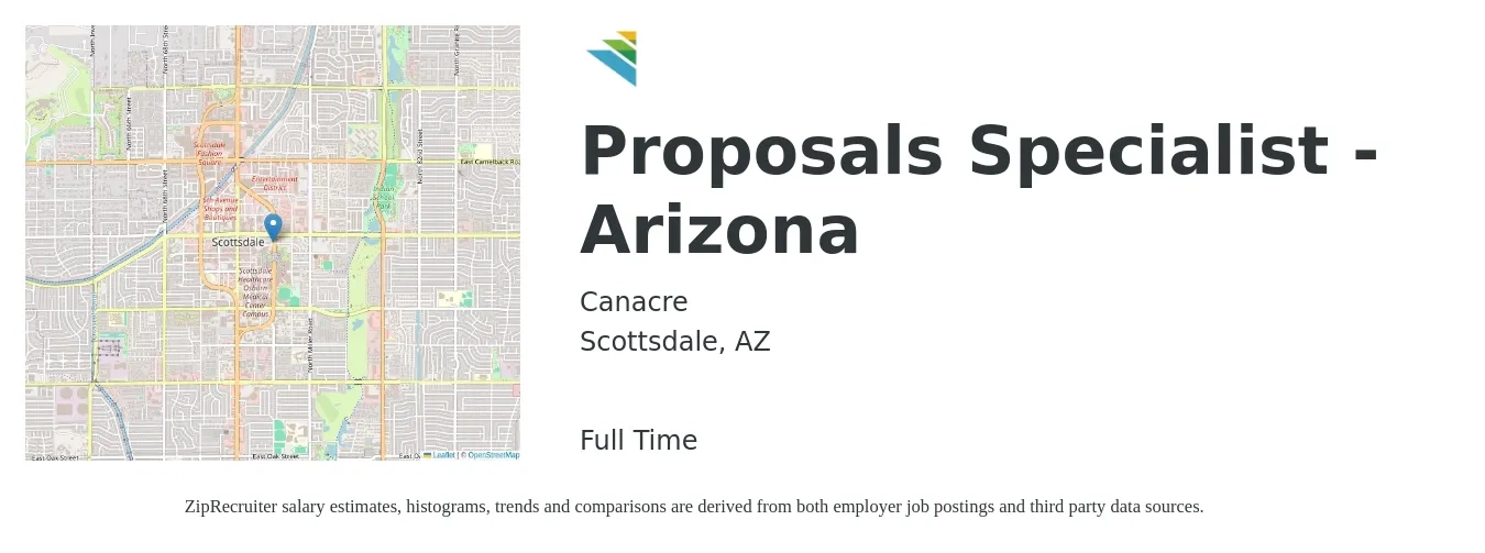 Canacre job posting for a Proposals Specialist - Arizona in Scottsdale, AZ with a salary of $51,500 to $80,900 Yearly with a map of Scottsdale location.
