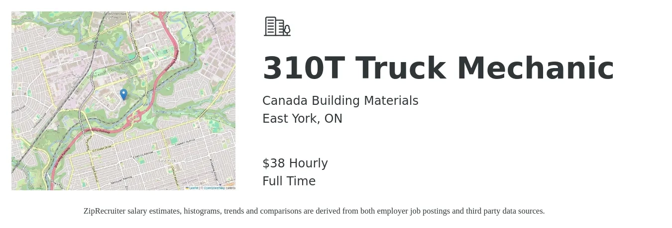 Canada Building Materials job posting for a 310T Truck Mechanic in East York, ON with a salary of $39 Hourly with a map of East York location.