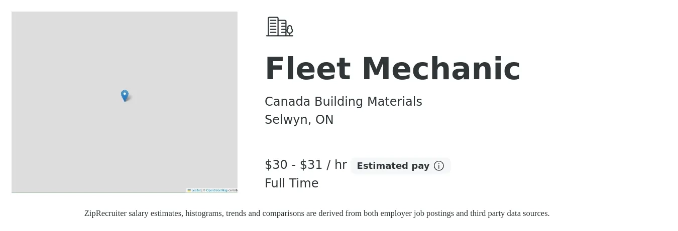 Canada Building Materials job posting for a Fleet Mechanic in Selwyn, ON with a salary of $32 to $33 Hourly with a map of Selwyn location.