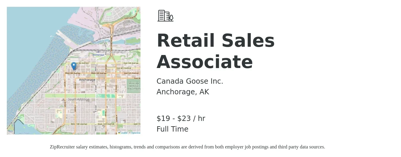 Canada Goose Inc. job posting for a Retail Sales Associate in Anchorage, AK with a salary of $20 to $24 Hourly with a map of Anchorage location.
