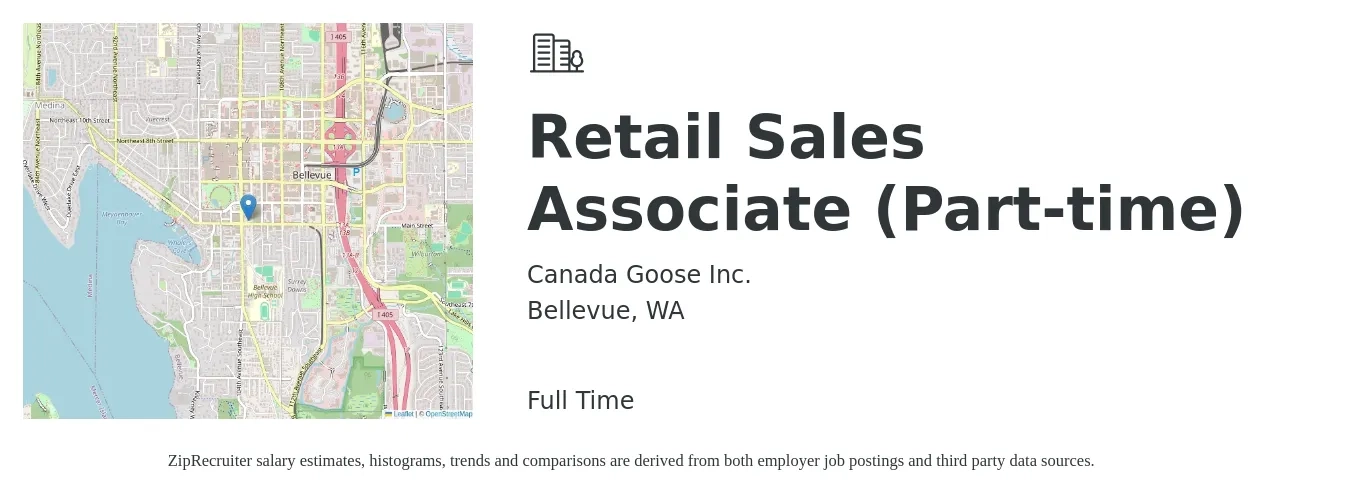 Canada Goose Inc. job posting for a Retail Sales Associate (Part-time) in Bellevue, WA with a salary of $17 to $19 Hourly with a map of Bellevue location.