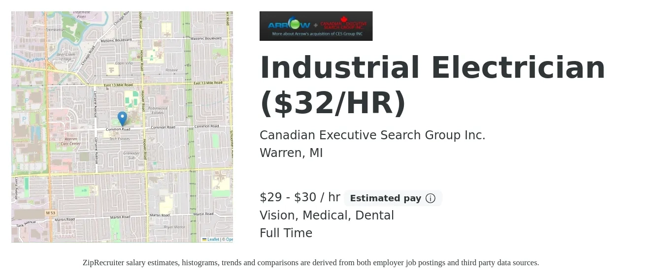 Canadian Executive Search Group Inc. job posting for a Industrial Electrician ($32/HR) in Warren, MI with a salary of $31 to $32 Hourly and benefits including medical, retirement, vision, dental, and life_insurance with a map of Warren location.