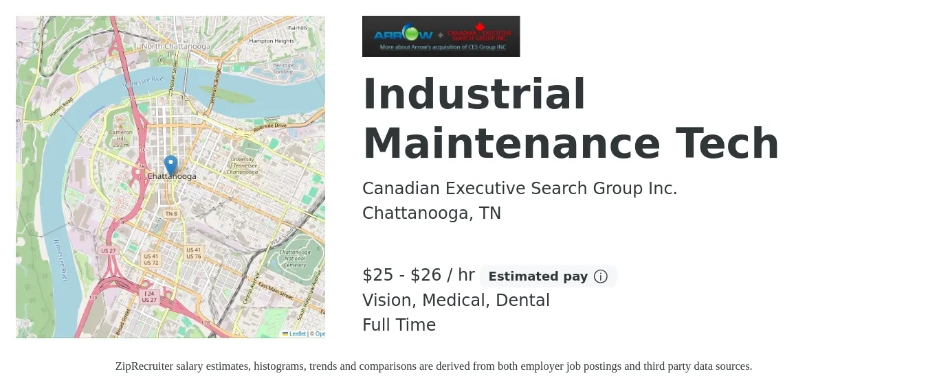 Canadian Executive Search Group Inc. job posting for a Industrial Maintenance Tech in Chattanooga, TN with a salary of $27 to $28 Hourly and benefits including dental, life_insurance, medical, retirement, and vision with a map of Chattanooga location.