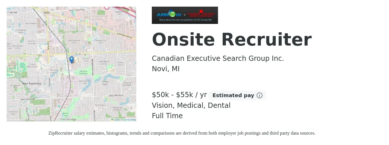 Canadian Executive Search Group Inc. job posting for a Onsite Recruiter in Novi, MI with a salary of $50,000 to $55,000 Yearly and benefits including retirement, vision, dental, life_insurance, and medical with a map of Novi location.